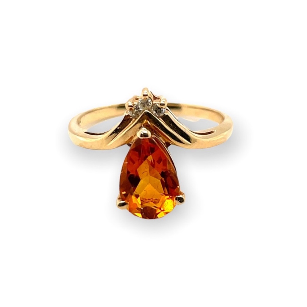 14k Yellow Gold Diamond & Pear Cut Citrine Statement Estate Ring - solid gold